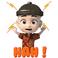 a cartoon character with the word hah written in orange