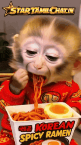 a monkey is eating korean spicy ramen with an egg in it
