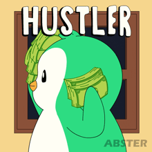 a penguin is holding a stack of money in front of a hustler poster