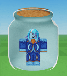 a cartoon character with blue hair is inside of a glass jar