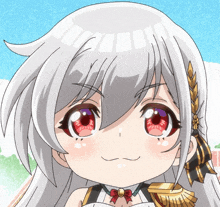 a girl with white hair and red eyes is smiling