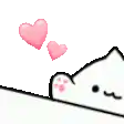 a white cat with two pink hearts coming out of its paws .
