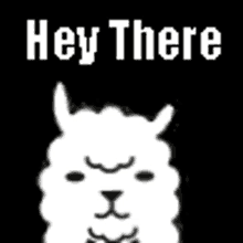 a white llama with horns is standing in front of a black background and the words `` hey there '' .