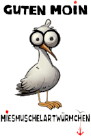 a cartoon of a seagull with glasses and the words guten moin