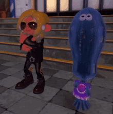 a blue squid is standing next to a cartoon character