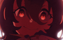 a close up of a cartoon character with red eyes