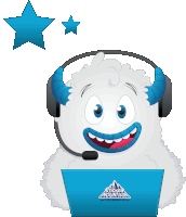 a cartoon yeti wearing headphones and a sticker mountain laptop