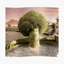 a picture of a broccoli man in a jacuzzi with a gold chain around his neck