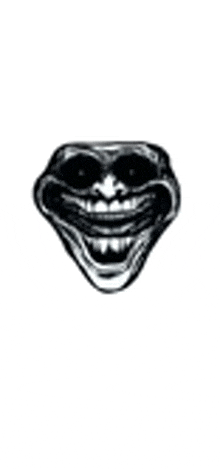 a black and white drawing of a troll face with a big smile on a white background .