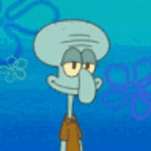 squidward from spongebob squarepants is wearing a brown shirt and has a squid in his mouth .