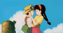 a man and a woman are hugging each other in a cartoon scene from castle in the sky .