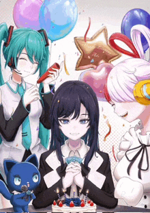 a group of anime girls celebrate a birthday with balloons and a cake