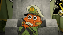 a cartoon character wearing a hat with an exclamation mark on it