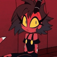 a cartoon character with horns and yellow eyes is sitting on the floor in front of a red wall .