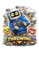 a cartoon drawing of a robot holding a video game controller with the word throwing below him
