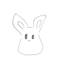 a black and white drawing of a rabbit with a slight smile on its face