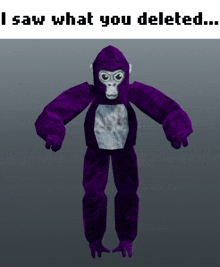 a picture of a purple gorilla with the words " i saw what you deleted " below it