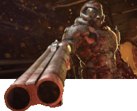 a video game character is holding a shotgun with two barrels pointing at the camera