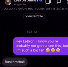 a screenshot of a text conversation between lebron james and a fan