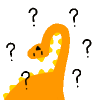 an orange dinosaur is surrounded by black question marks