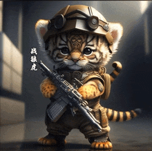 a tiger cub wearing a helmet and goggles holds a gun