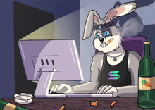 a cartoon bunny is smoking a cigarette while using a computer