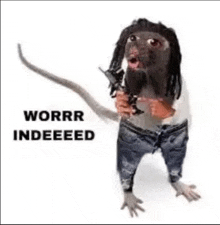 a dog with dreadlocks and jeans is holding a microphone in its mouth .