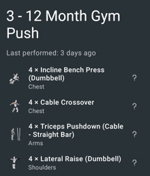 a list of push exercises including incline bench press and cable crossover