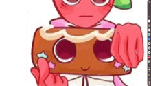 a cartoon character is holding a piece of gingerbread cookie with a face on it .