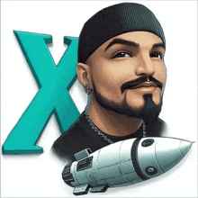 a drawing of a man with a beard and a rocket in front of a letter x