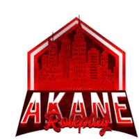 a red and black logo for akane roleplay with a city skyline in the background