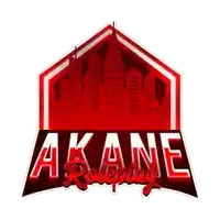 a red and black logo for akane roleplay with a city skyline in the background