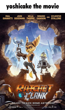 a movie poster for ratchet clank shows two robots