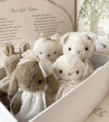 four stuffed animals are in a box with the words three little kittens written on the top