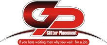 a red and black logo for glitter placement