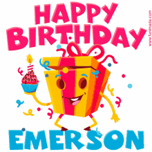 a birthday card for emerson with a gift holding a cupcake and a candle