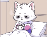 a cartoon cat is sitting in bed with a cup of coffee .