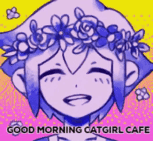 a cartoon character with a flower crown on her head and the words `` good morning catgirl cafe '' .