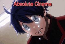 a poster for absolute cinema shows a boy crying with tears coming out of his eyes