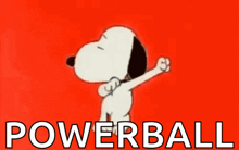 snoopy is dancing in front of a red background with the word powerball below him
