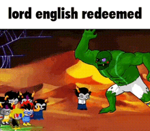 a group of trolls are standing in front of a green hulk in a cartoon .