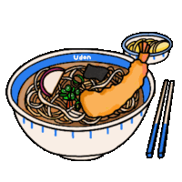 a cartoon drawing of a bowl of udon noodles with chopsticks