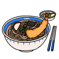 a cartoon drawing of a bowl of udon noodles with chopsticks