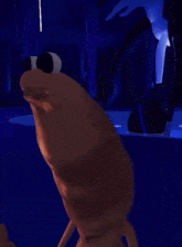 a cartoon frog with big eyes is standing in front of a blue background