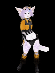 a 3d rendering of a furry character wearing a striped shirt and boots