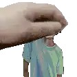 a hand is holding a small person in a blue shirt on a white background .