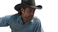 a man with long hair and a beard wearing a cowboy hat and a blue shirt