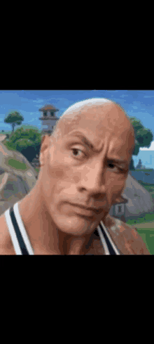 a close up of a bald man 's face in front of a video game background .