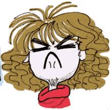 a drawing of a woman with curly hair and a red scarf making an angry face