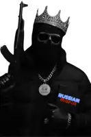 a man wearing a skull mask and a crown holds a gun and a book titled russian mafia